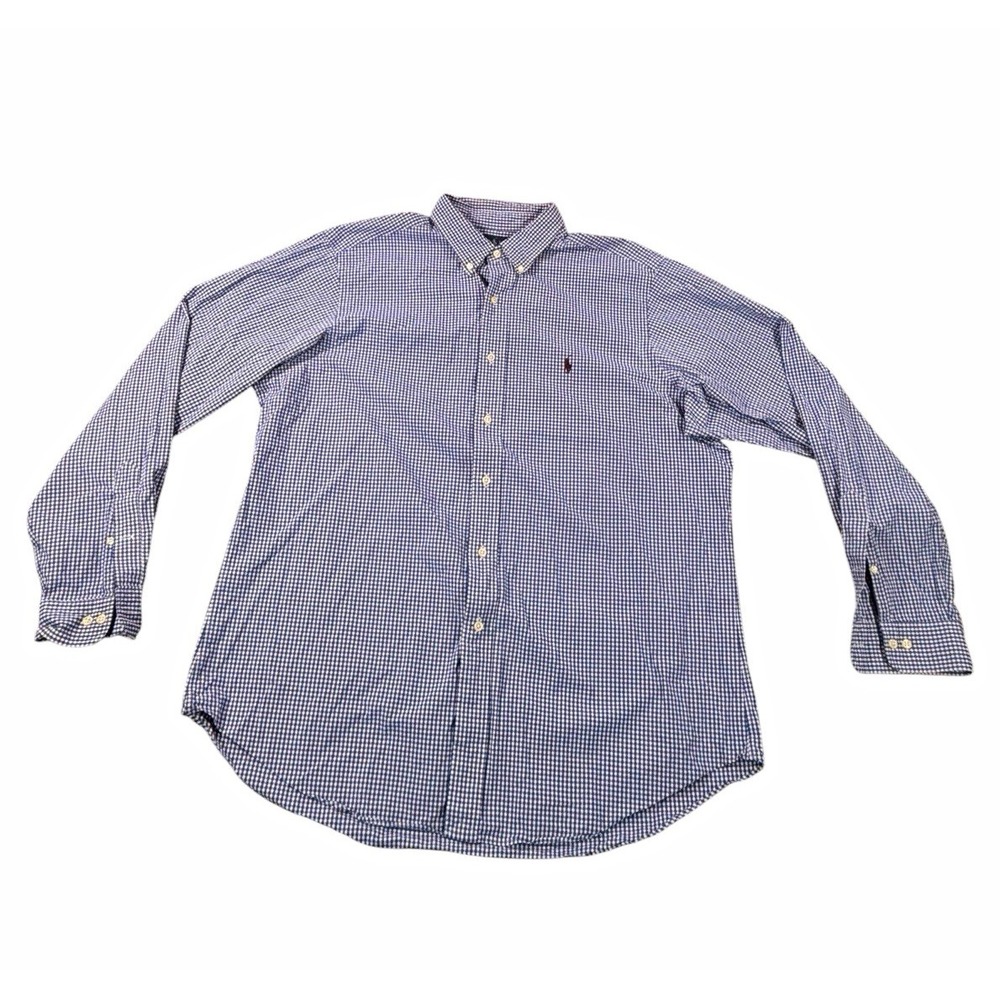 Polo Ralph Lauren Button Down Shirt Men's M Blue White Check Cotton Long Sleeve